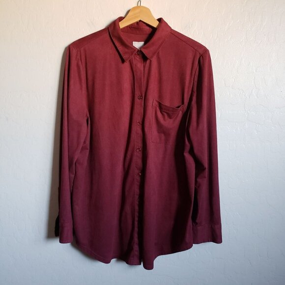 Chico's Everyday Faux-Suede Button Front Shirt Long Sleeves Maroon Women's Large - Picture 1 of 11